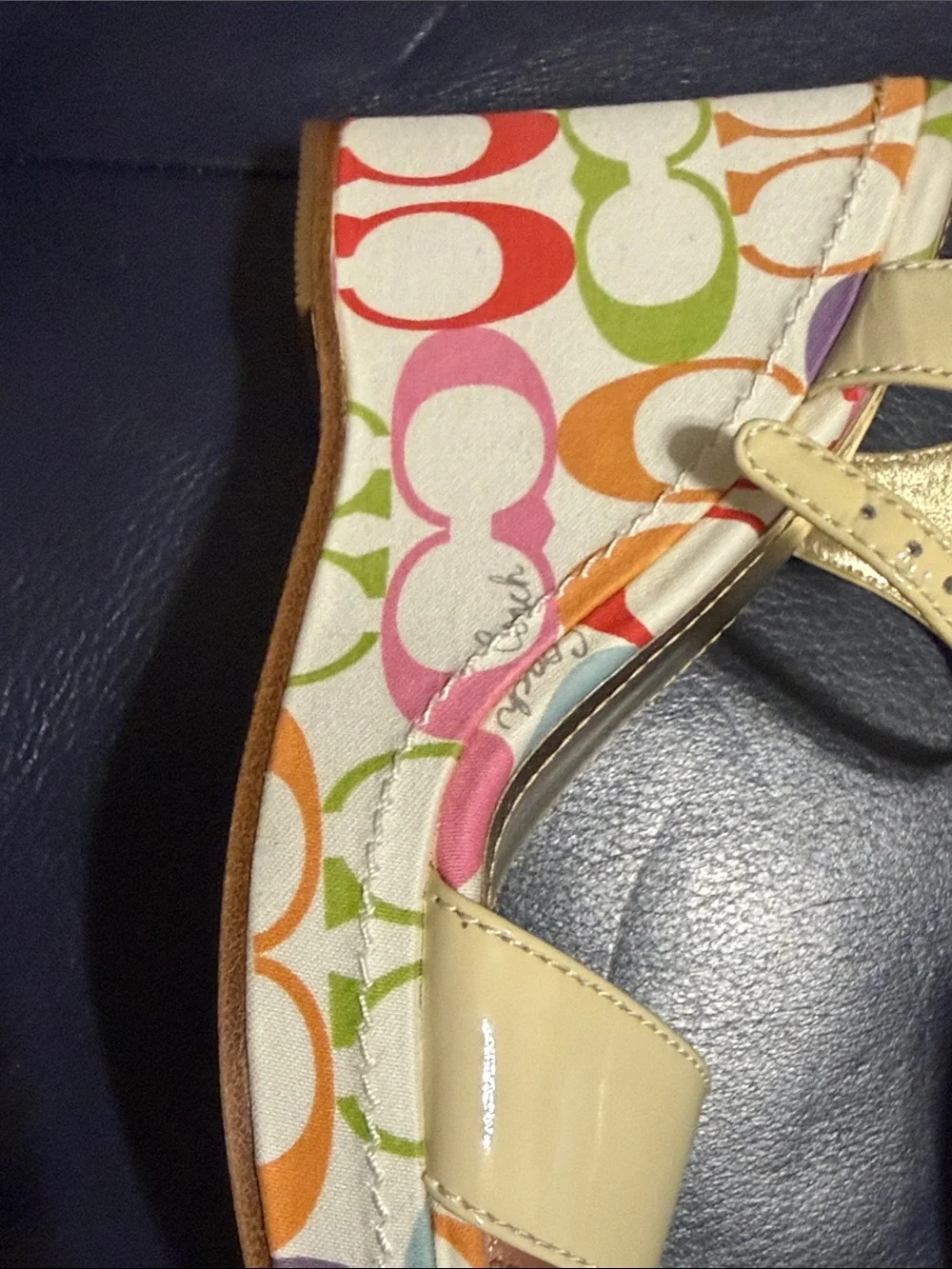Coach Cream Patent Leather Slingback Sandals with Multicolor Insole